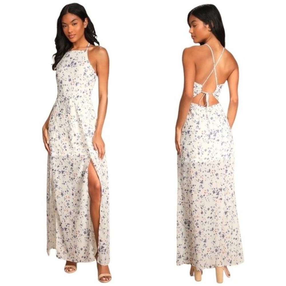 NEW Lulus Perfect For Paris White Floral Print Halter Open Back Maxi Dress XL